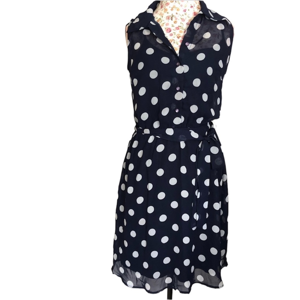Emma & Michele Women's Slim Polka Dots Tie Waist Belt Sleeveless Dress Sz 6